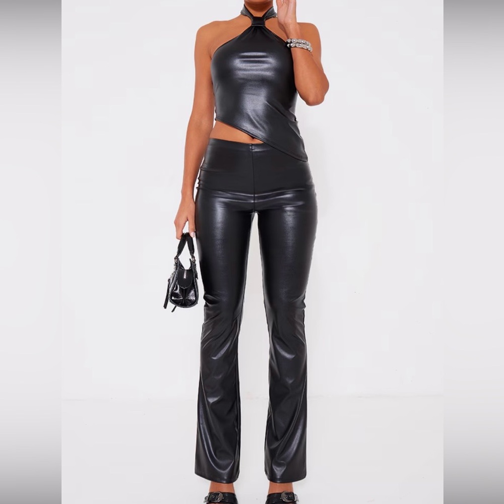 PrettyLittleThing Black Faux Leather Halter Jumpsuit